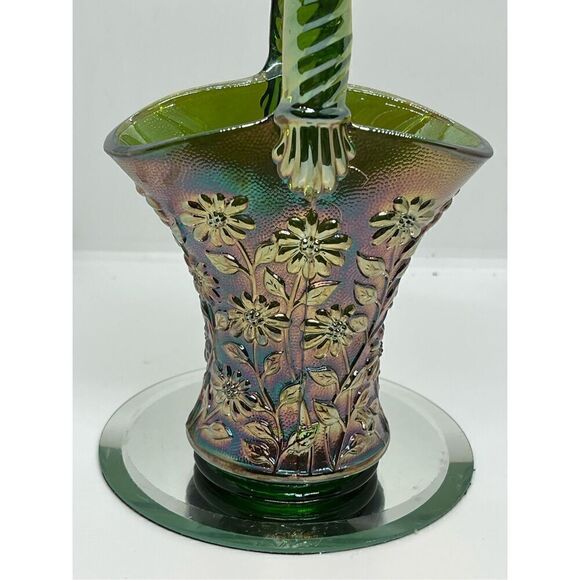 IMPERIAL CARNIVAL GLASS "HELIOS GREEN" GOLD IRIDESCENT BASKET-DAISY PATTERN 10” - Picture 7 of 9